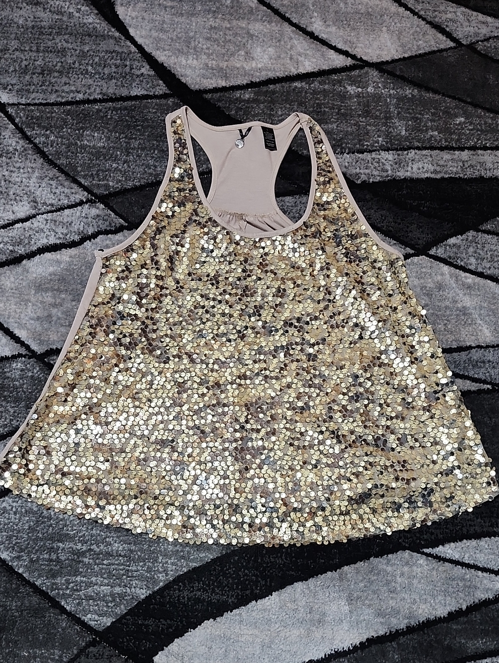 BKE BOUTIQUE SHEER GOLD SEQUINS TAN SLEEVELESS RACERBACK TANK TOP